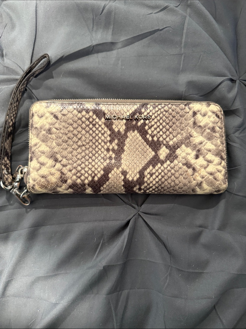 Michael Kors Taupe & Brown Snake-Embossed Zip Wristlet